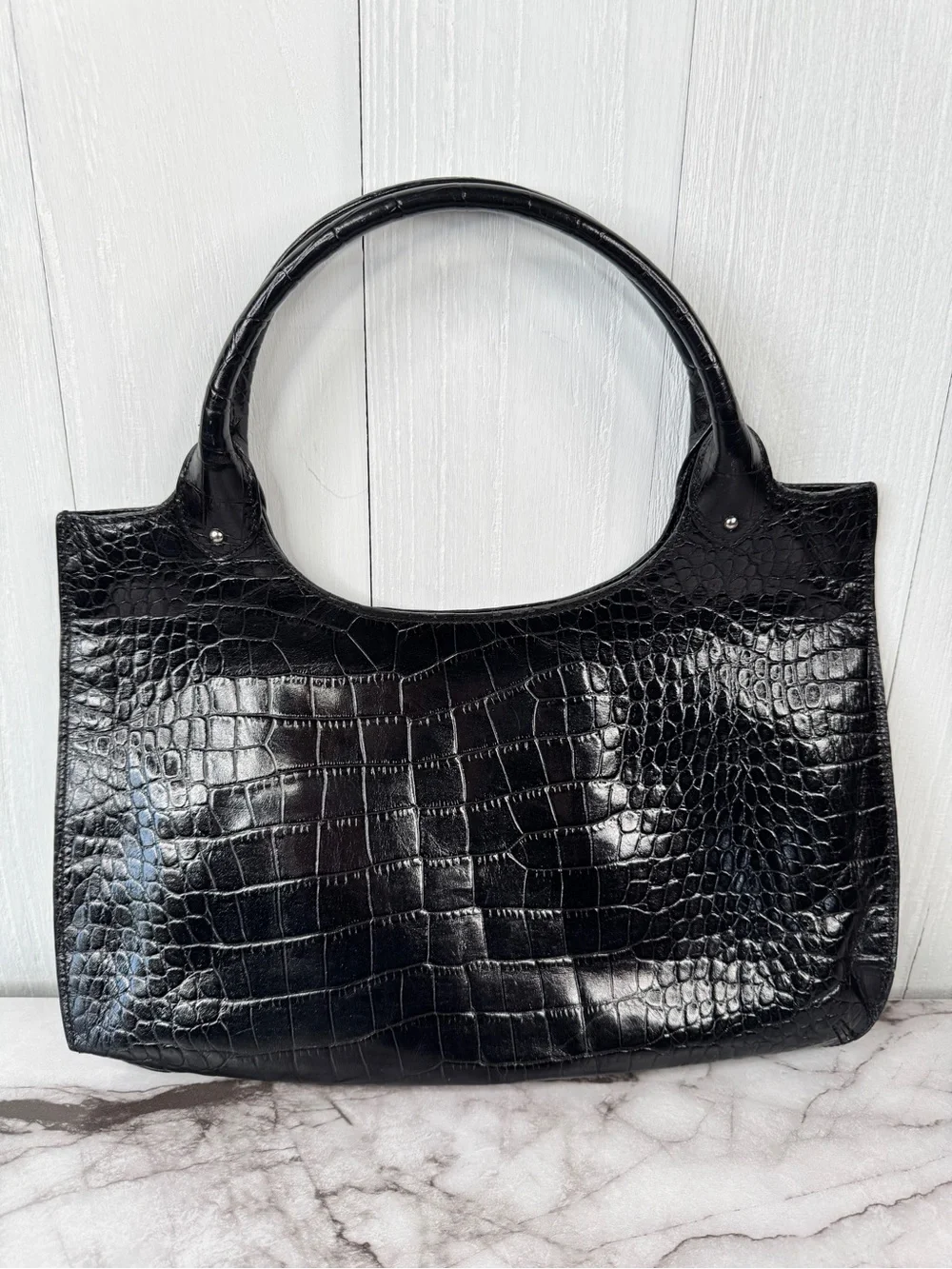 Forth & Towne Croc-Embossed Black Leather Shoulder Bag